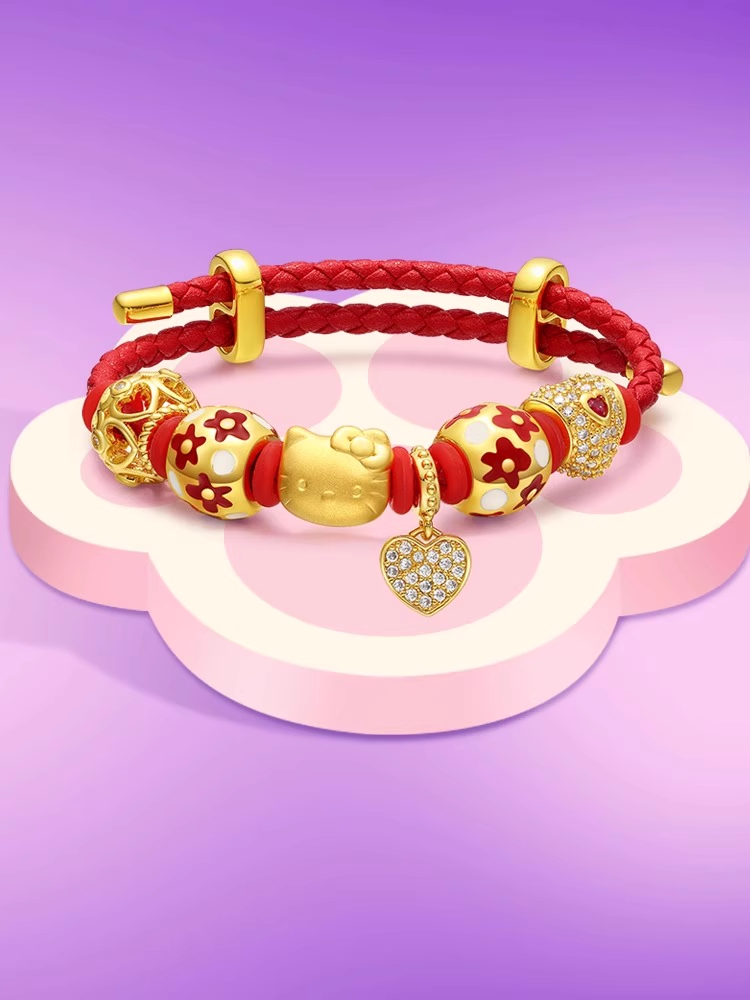 Chow Tai Fook Gold Bracelet, 999 Pure Gold Hello Kitty Bracelet with Cat Head and Bow Lucky Bead, Leather Cord, Valentine's Day Gift for Girlfriend,  0.8g