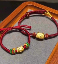 999 Pure Gold Dragon Year Zodiac Dumpling Dragon Gold Lucky Bead Pendant with 5D Solid Gold Bead Chain, Zodiac Year Red Bracelet for Women, 0.53g.