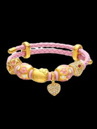 Chow Tai Fook Gold Bracelet, 999 Pure Gold Hello Kitty Bracelet with Cat Head and Bow Lucky Bead, Leather Cord, Valentine's Day Gift for Girlfriend,  0.8g